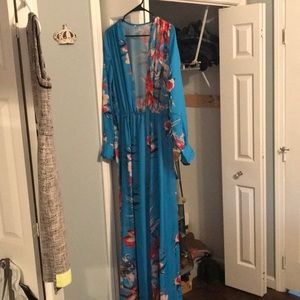 Sexy Blue floral Long Sleeve Dress